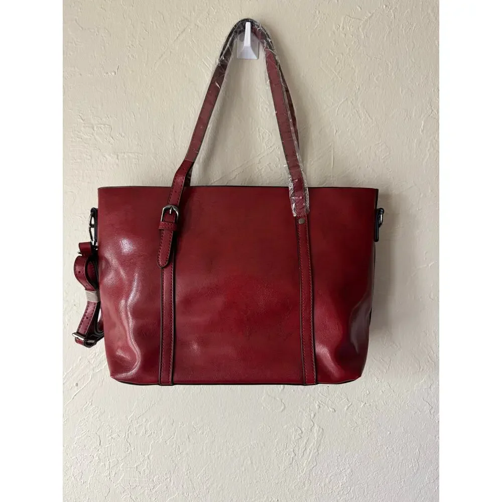 NWOT Elegant Faux Leather Tote with Removable Long Strap in Burgundy